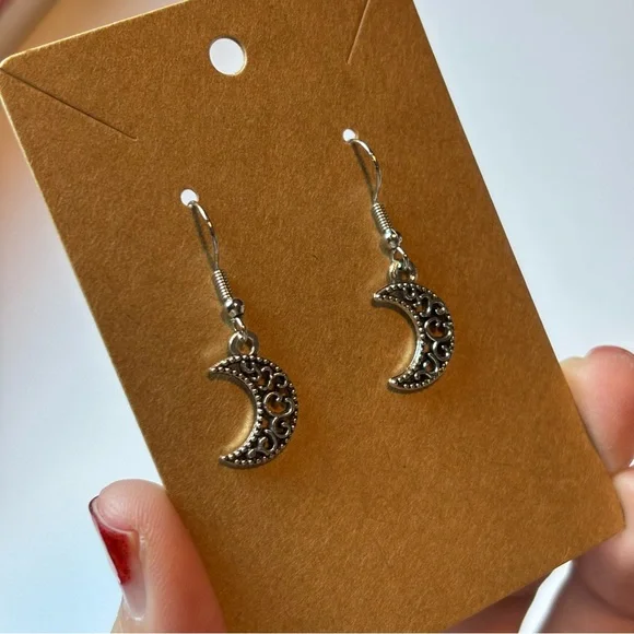 Handmade Simple Silver Moons with Swirls Dangle Earrings, Celestial Moon Earring - Picture 5 of 9